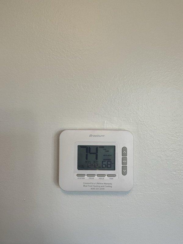 Responded to no heat call on residential furnace system. Upon arrival, verified thermostat was calling for heat with setpoint at 74°F and room temperature at 68°F. Inspected furnace control board and wiring connections, checking for proper voltage and continuity. Diagnosed and resolved heating system malfunction, restoring full operational functionality to the furnace unit.