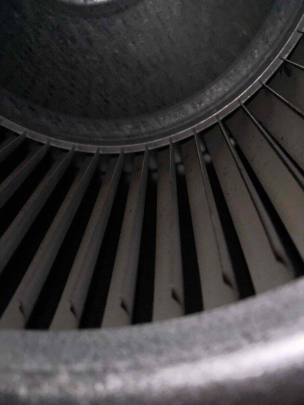 Completed comprehensive BFMA tune-up service including furnace inspection and maintenance, humidifier service with #35 pad replacement, and semi-annual filter change #213. Performed electrical diagnostics using clamp meter to verify system amperage draw and operational parameters. Inspected blower wheel assembly and confirmed proper airflow through evenly-spaced fins with no obstructions or damage noted.