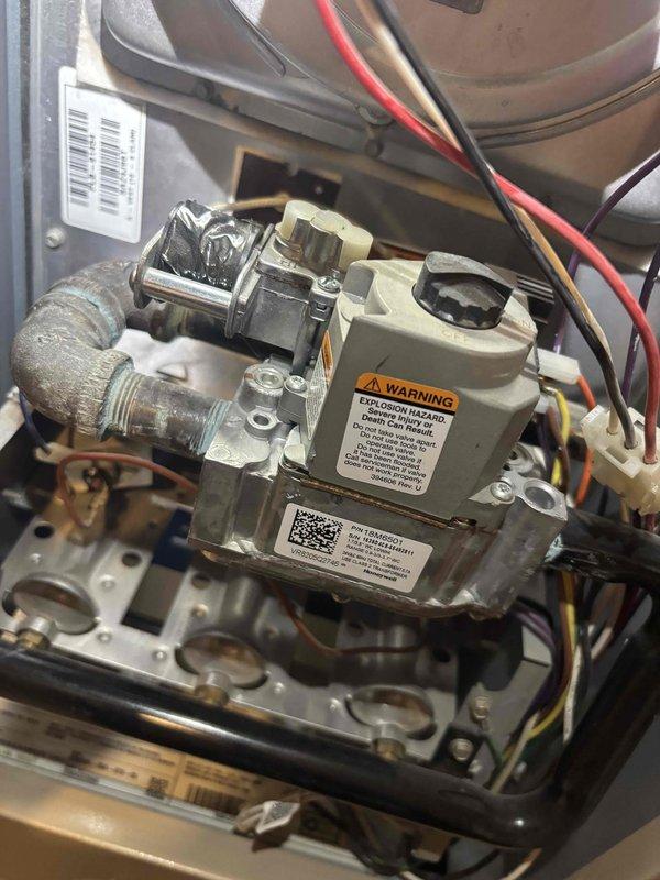 Responded to customer report of intermittent unusual noise from furnace that began after approximately one week of operation. Upon arrival, performed thorough inspection of furnace components including gas valve assembly, blower motor, and associated control wiring. Examined all mechanical connections, electrical terminations, and combustion system components. Unable to replicate the reported noise during service visit. All visible components including gas valve, wiring harnesses, and blower assembly appeared to be in proper working condition with secure connections and no obvious signs of mechanical failure or wear.
