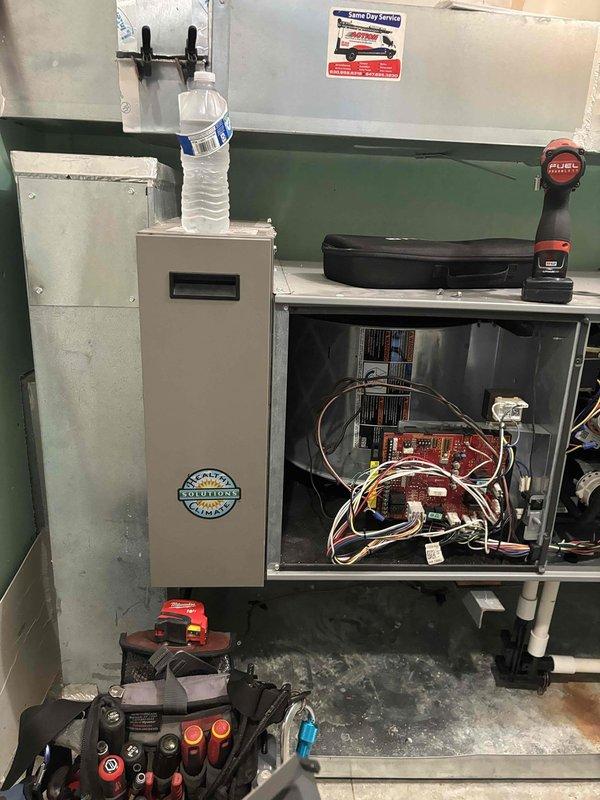 Responded to no-heat call for upstairs furnace in two-furnace system. Diagnosed control board failure on Goodman unit, removed and inspected internal components including circuit boards and wiring harnesses. Provided diagnostic findings and repair recommendations to restore heating operation.