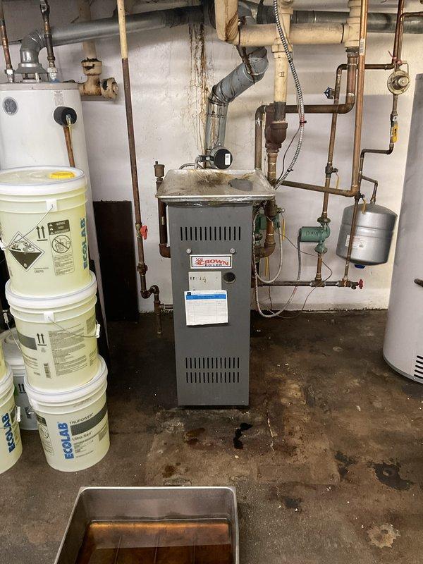 Completed comprehensive BFMA tune-up maintenance on restaurant HVAC system including one boiler, two heating units, and air handler. Performed full inspection of all equipment in basement mechanical room, checked all copper piping connections, expansion tanks, circulator pumps, and shut-off valves for proper operation. All systems found in good working condition with no issues identified; equipment confirmed ready for upcoming heating season.