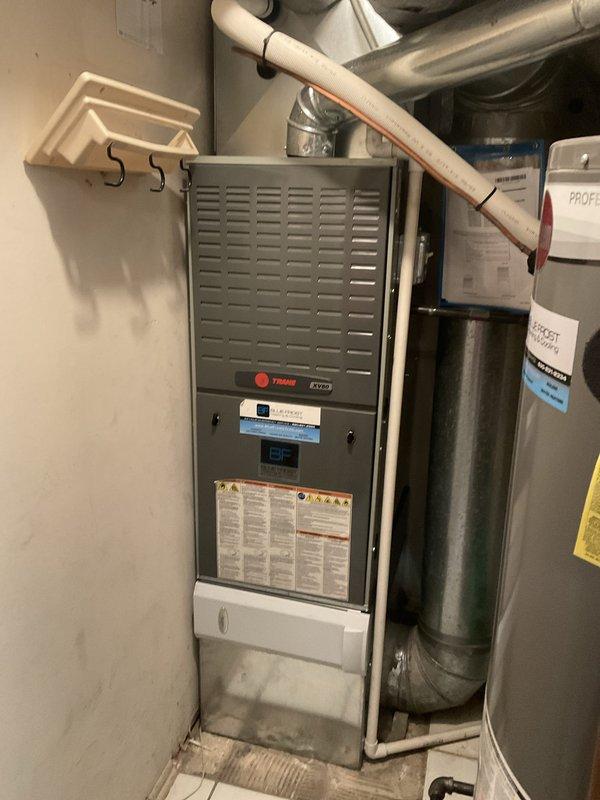 Completed fall preventative maintenance and tune-up on 6-year-old Trane furnace system. Performed comprehensive inspection of heating equipment, replaced heavily soiled pleated air filter with accumulated dust and debris, verified proper operation of all system components including ductwork and condensate drainage. Unit showed no operational issues and is functioning within manufacturer specifications for the upcoming heating season.