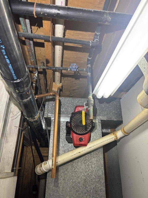 Completed installation of Bradford White residential tanked water heater in basement utility area. Unit was positioned on concrete floor with proper clearances, connected all copper supply and discharge piping, installed temperature and pressure relief valve with drain line, and secured all plumbing connections with shut-off valves. Verified proper venting through flue hat assembly and confirmed all manufacturer safety labels and specifications are visible and intact per code requirements.