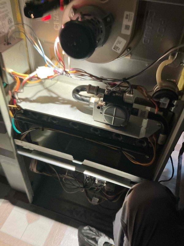 Completed comprehensive BFMA tune-up service on 8-year-old furnace system including humidifier maintenance. Performed full inspection of blower motor assembly, gas burner components, control module, and all electrical connections. Verified proper operation of gas valve, checked all wire harnesses and connectors for secure attachment, and confirmed condensate drain lines were clear and functioning correctly.
