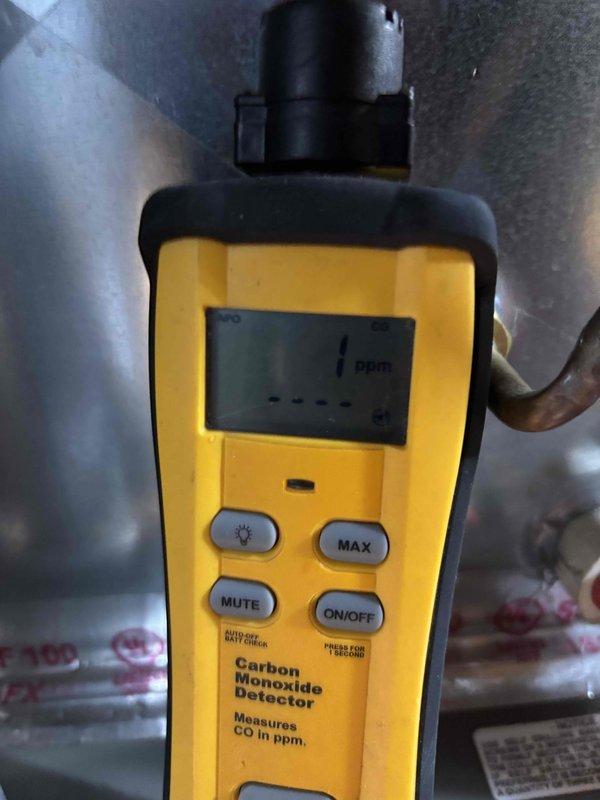 Completed comprehensive BFMA tune-up on 7-year-old furnace and humidifier system. Performed carbon monoxide testing with readings at safe levels of 1 ppm, conducted electrical diagnostics with multimeter showing system voltage at 529V, replaced #10 humidifier pad, and verified all components operating within manufacturer specifications. All safety checks passed and system returned to normal operation.