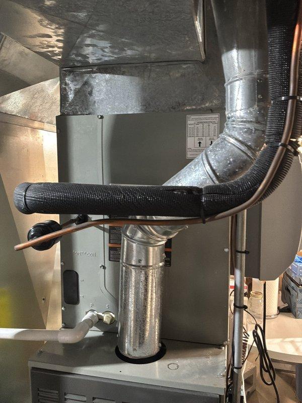 Completed comprehensive BFMA tune-up on 5-year-old HVAC system including furnace, air cleaner, and humidifier components. Performed standard maintenance procedures including inspection of blower assembly, ductwork connections, and condensate drainage system. All equipment found operating within normal parameters with no immediate repairs required.