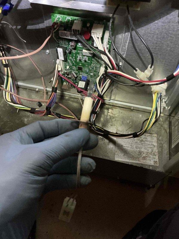 Performed a complete tune-up on a 4+ year-old furnace, including inspection of the control compartment, ignition components, and control board wiring, with connections verified secure and cabinet interior assessed for dirt and staining. Inspected the condensate/venting PVC piping, rubber coupling and clamps, and cleanout fitting, noting heavy corrosion on the adjacent basin cover. Equipment was left operating properly.