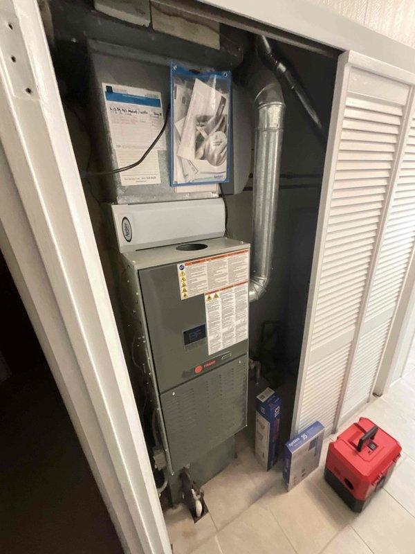 Completed the BFMA tune-up on the Trane gas furnace, including inspection and servicing of the burner and heat exchanger components, airflow and drain line checks, and replacement of the air filters. Performed the dryer vent cleaning and humidifier service, replacing the humidifier components, and confirmed the system is operating properly with no visible rust, frost, or damage.