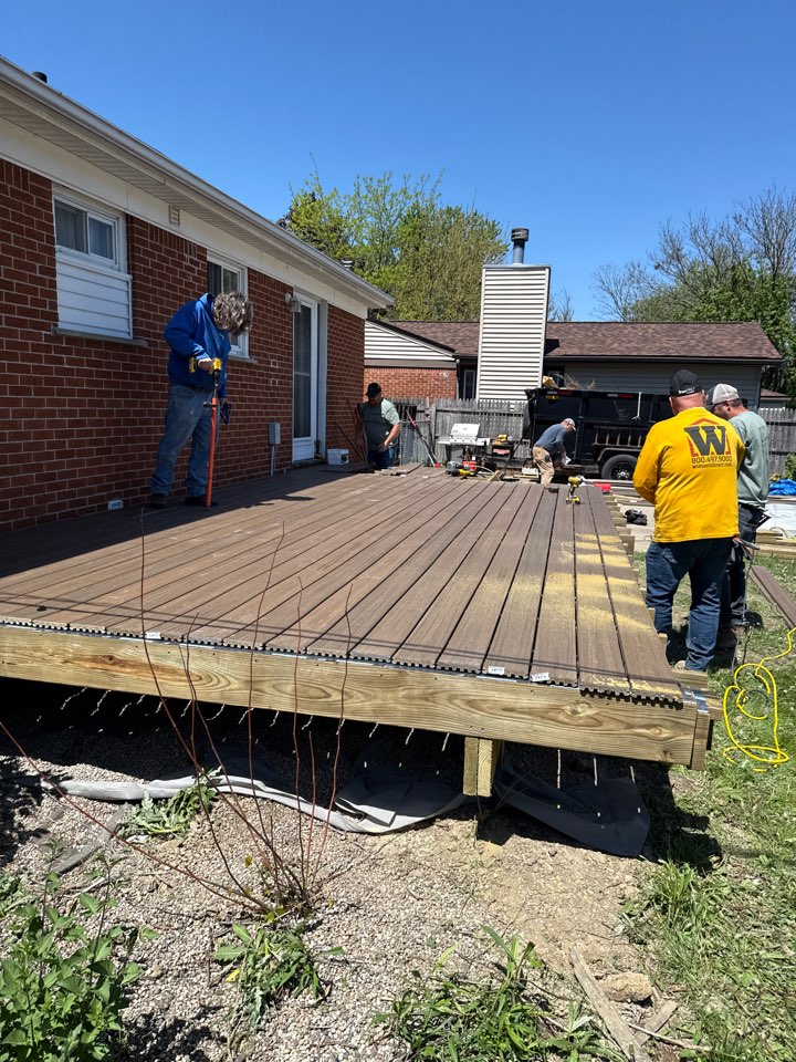 Half days progress on this custom Trex Enhanced Naturals deck in Garden City. This homeowner recently remodeled the interior of his home and trusted Down Home Construction with the exterior improvements. 
