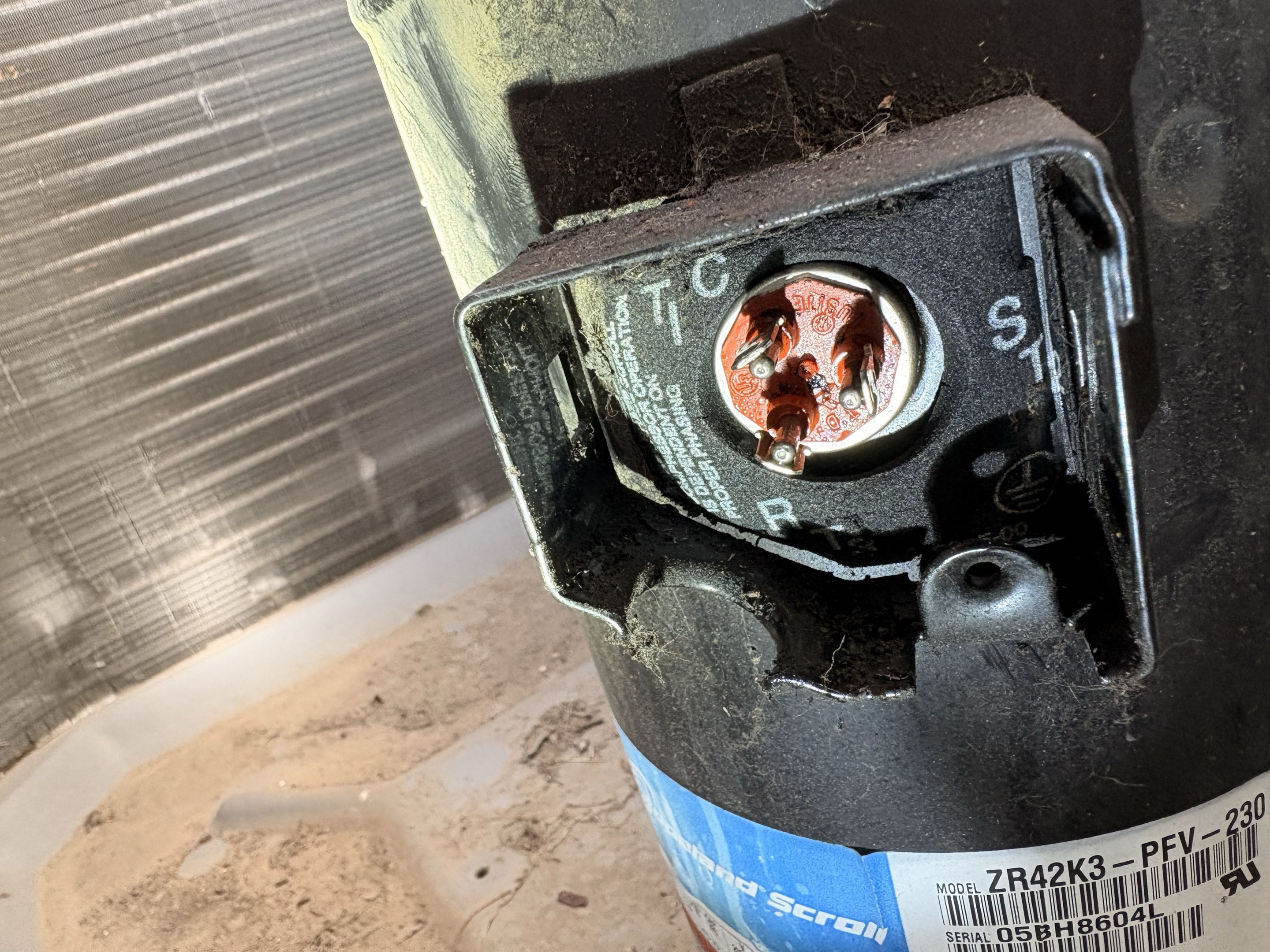 Service call. Perform check for leaks. York indoor coil down-shot refrigerant leak. Compressor terminals leak.
