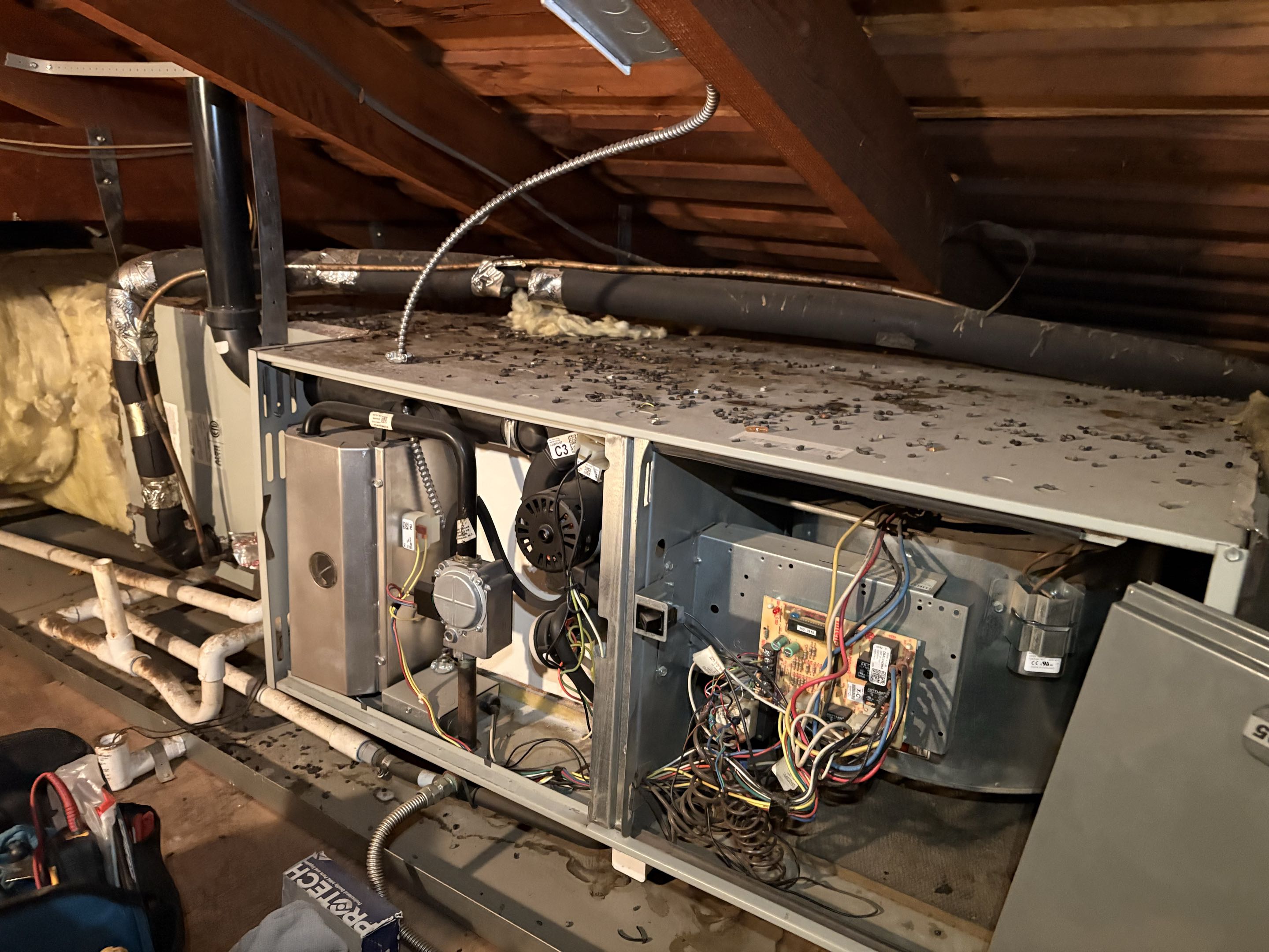 Trane split system R410-A. Attic space. Blown capacitor. Dirty filter. Dirty system. 