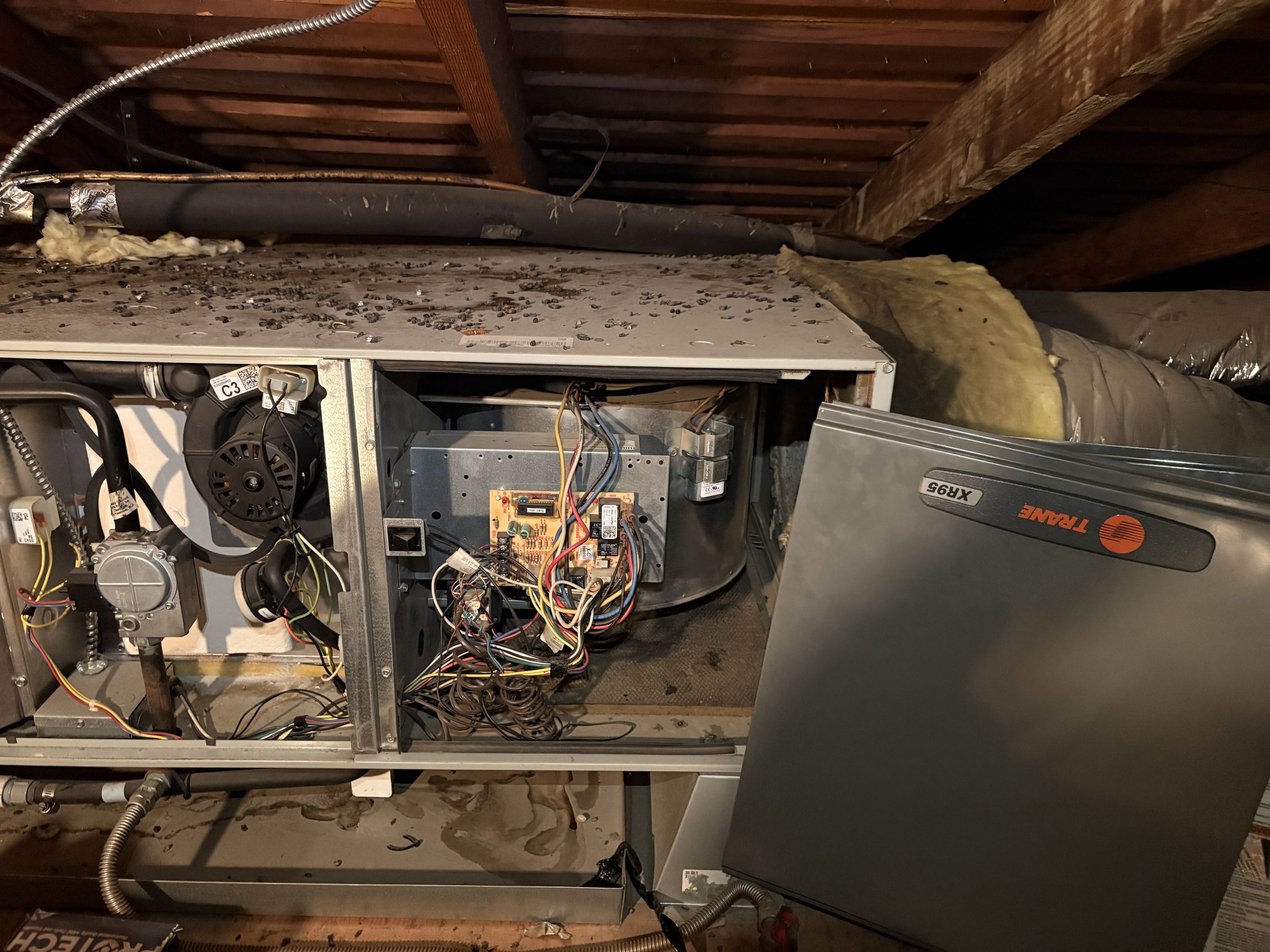 Trane split system R410-A. Attic space. Blown capacitor. Dirty filter. Dirty system. 