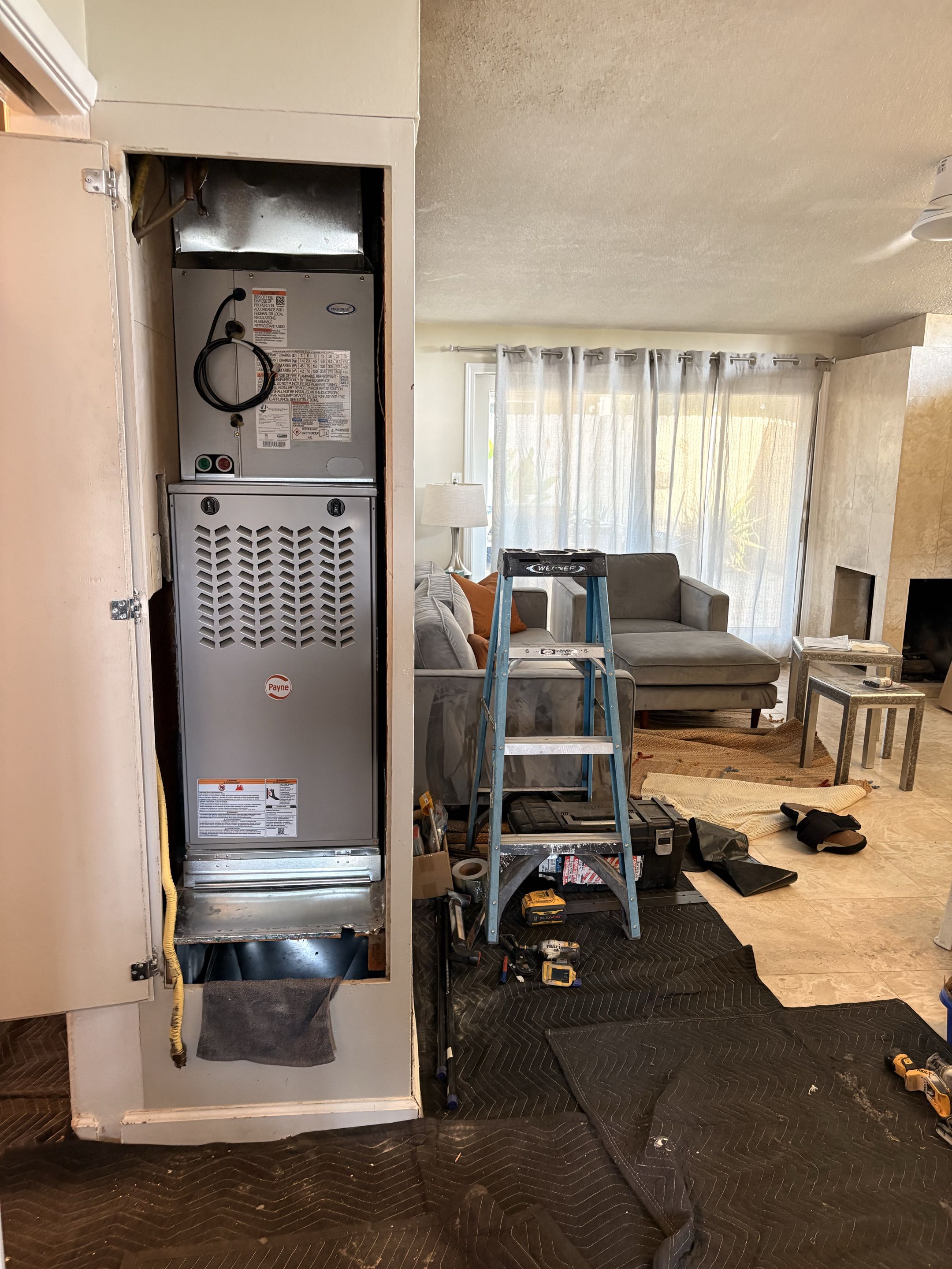 New closet HVAC Payne System installation. Work on progress updating both heating, cooling R464-B installation. 