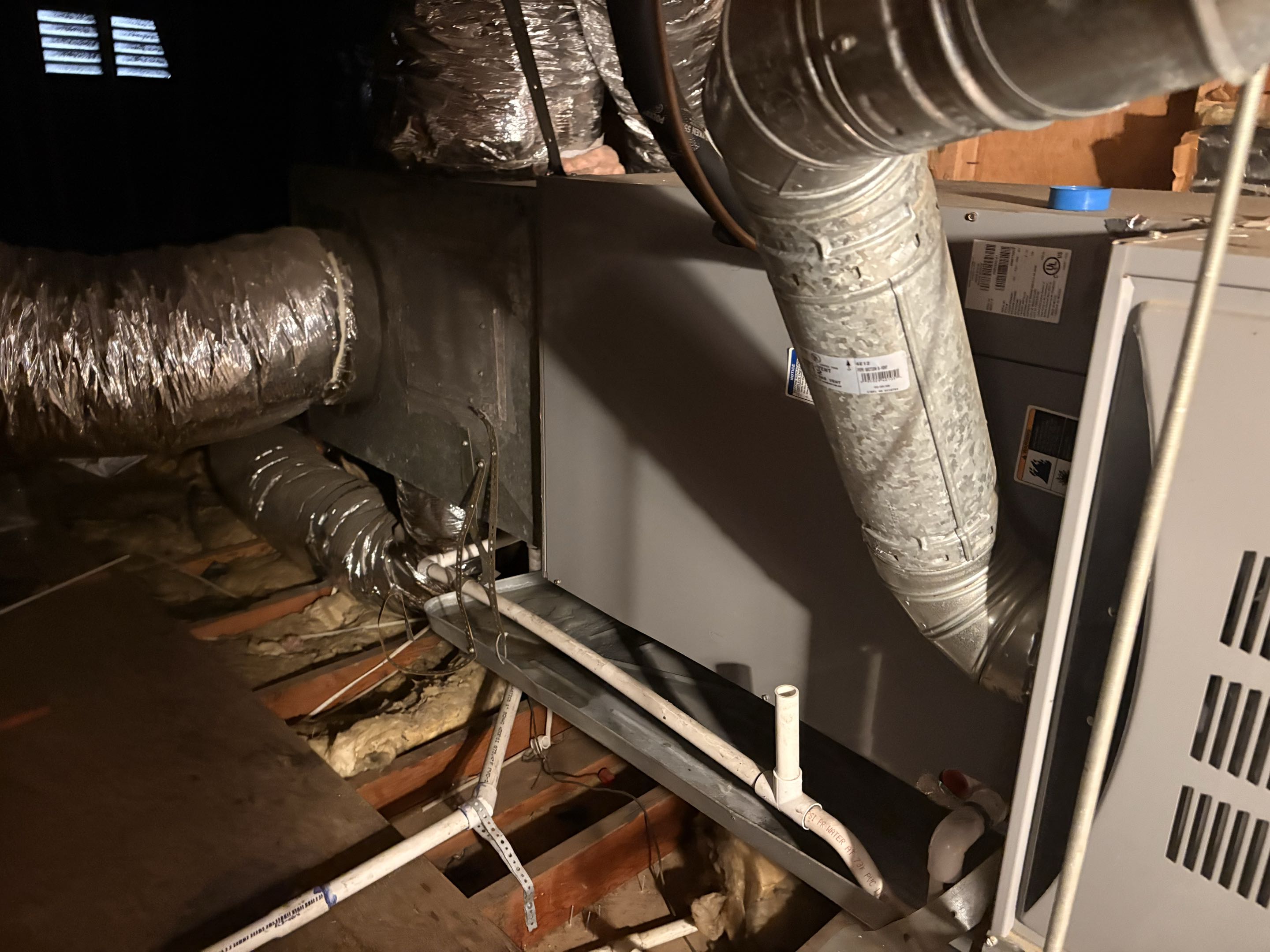 Service call. Ceiling getting wet. Found plugged up condensation line. Dirty system. Missing emergency line, float switch. 