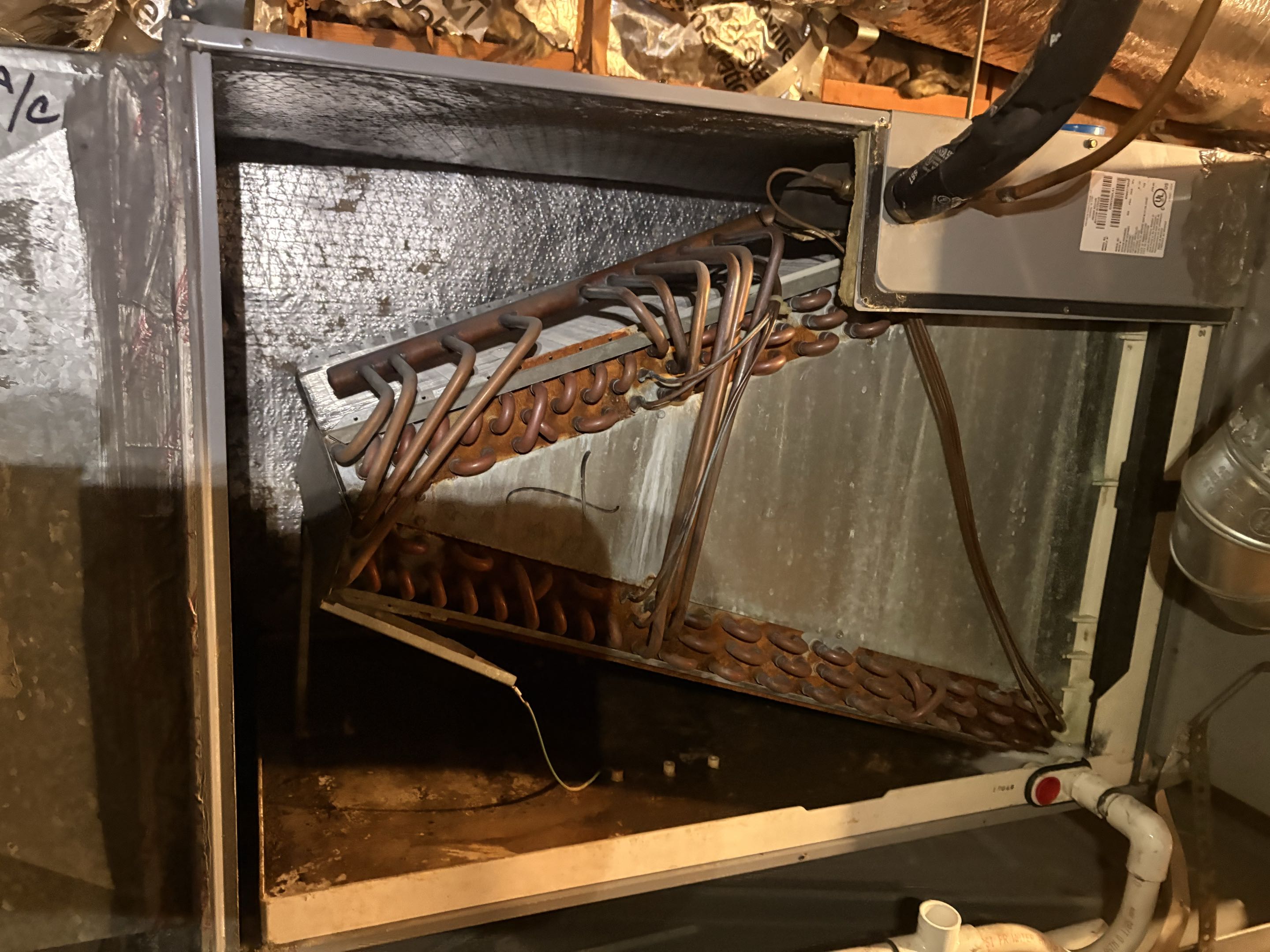 Service call. Ceiling getting wet. Found plugged up condensation line. Dirty system. Missing emergency line, float switch. 