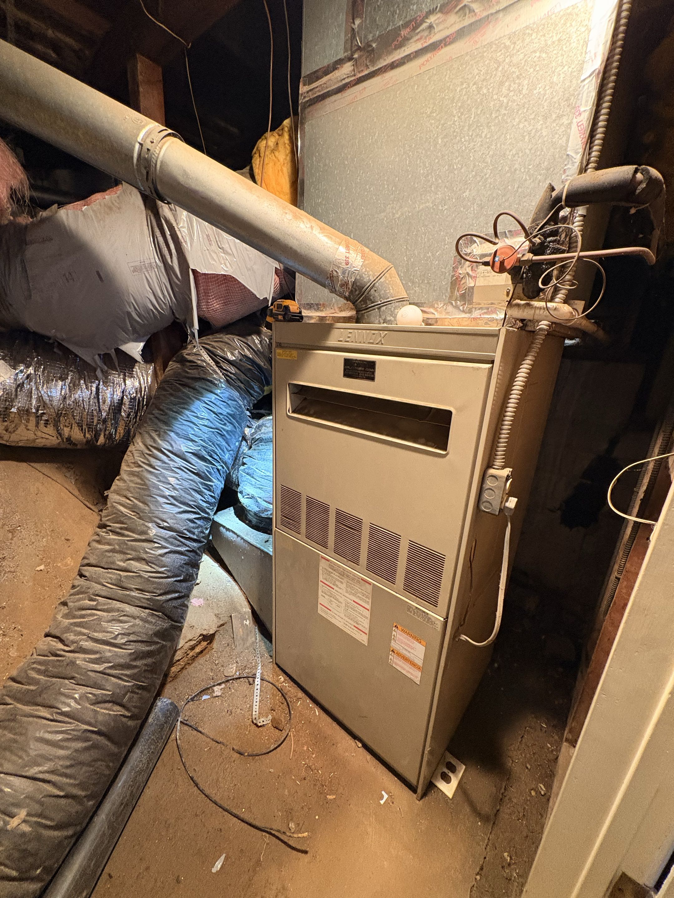 No cooling. Lennox lower level/basement. Water leak inside/out unit. Upflow system R-22. Broken ductwork 