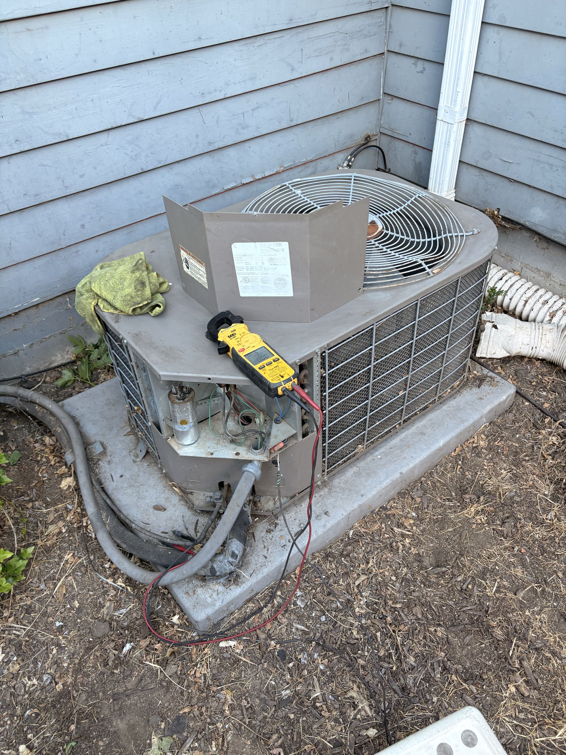 Tech service call. Noise York condenser unit. Perform and fix damage fan blande. 