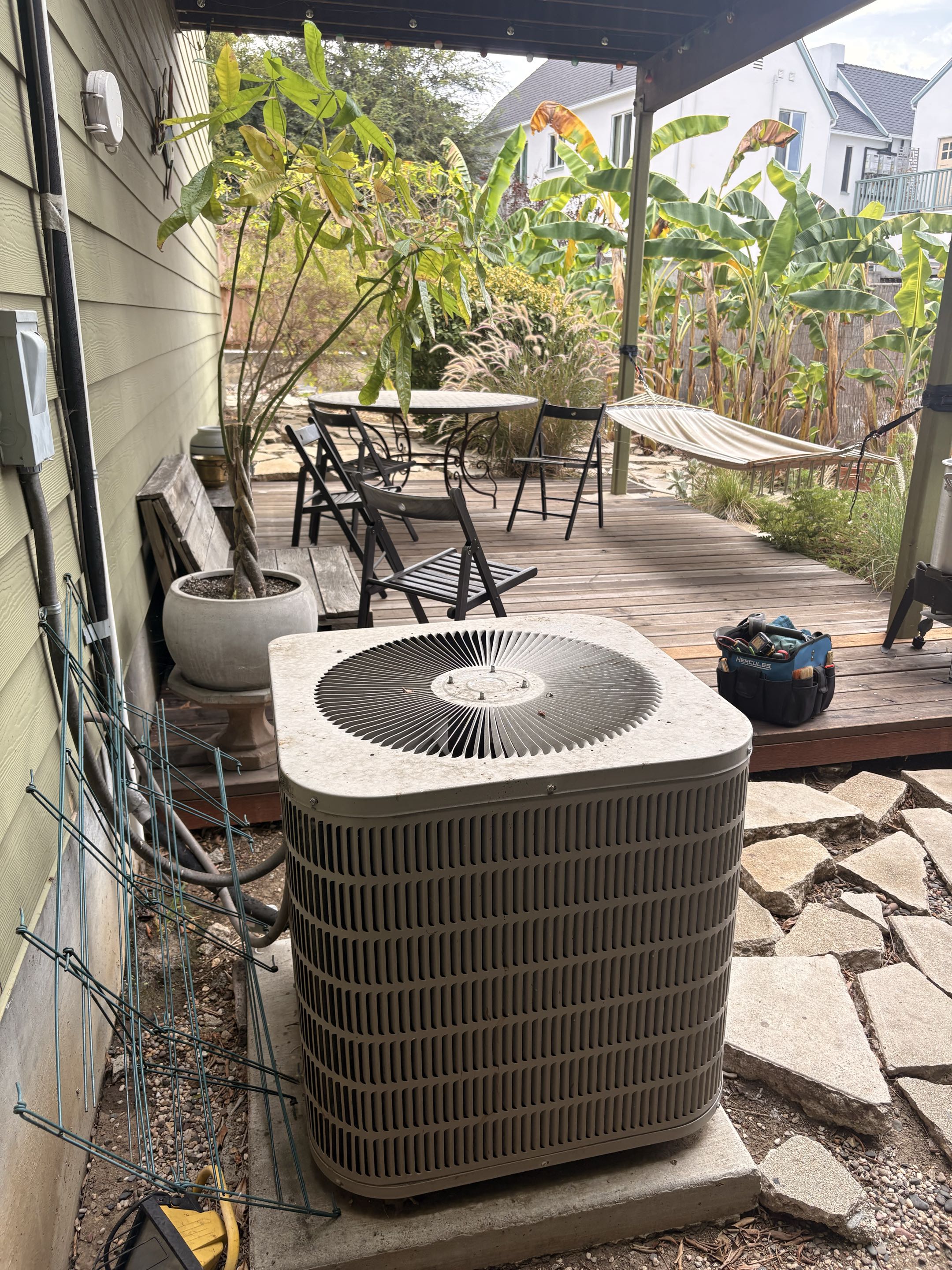 Service call. Goodman AC not cooling properly. Commercial use. R-22. Perform check electrical components. 