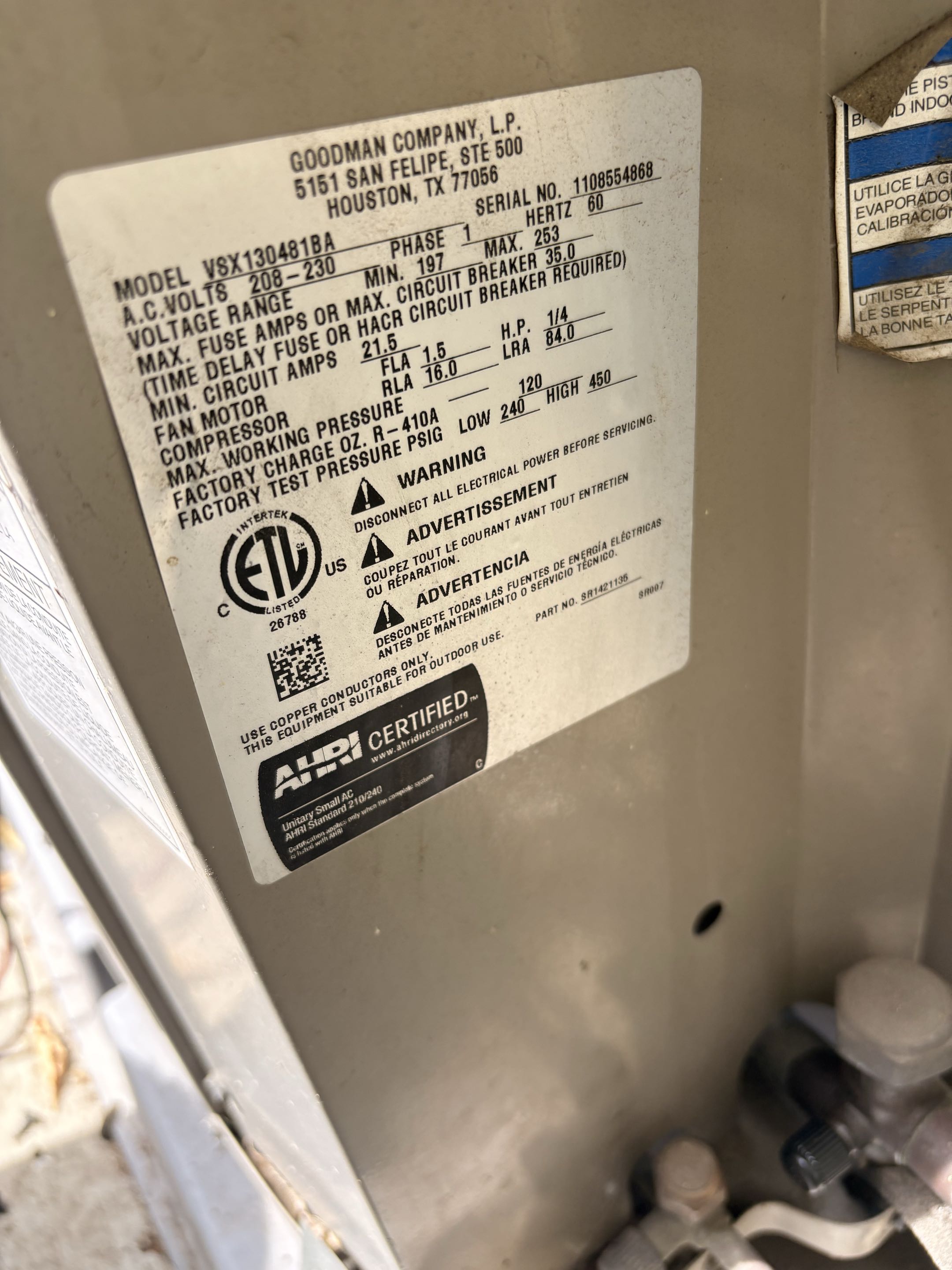 Technician service call. Goodman GMC condenser unit not working. Another company came installed incorrect parts R410-A refrigerant type. didn’t check result. 