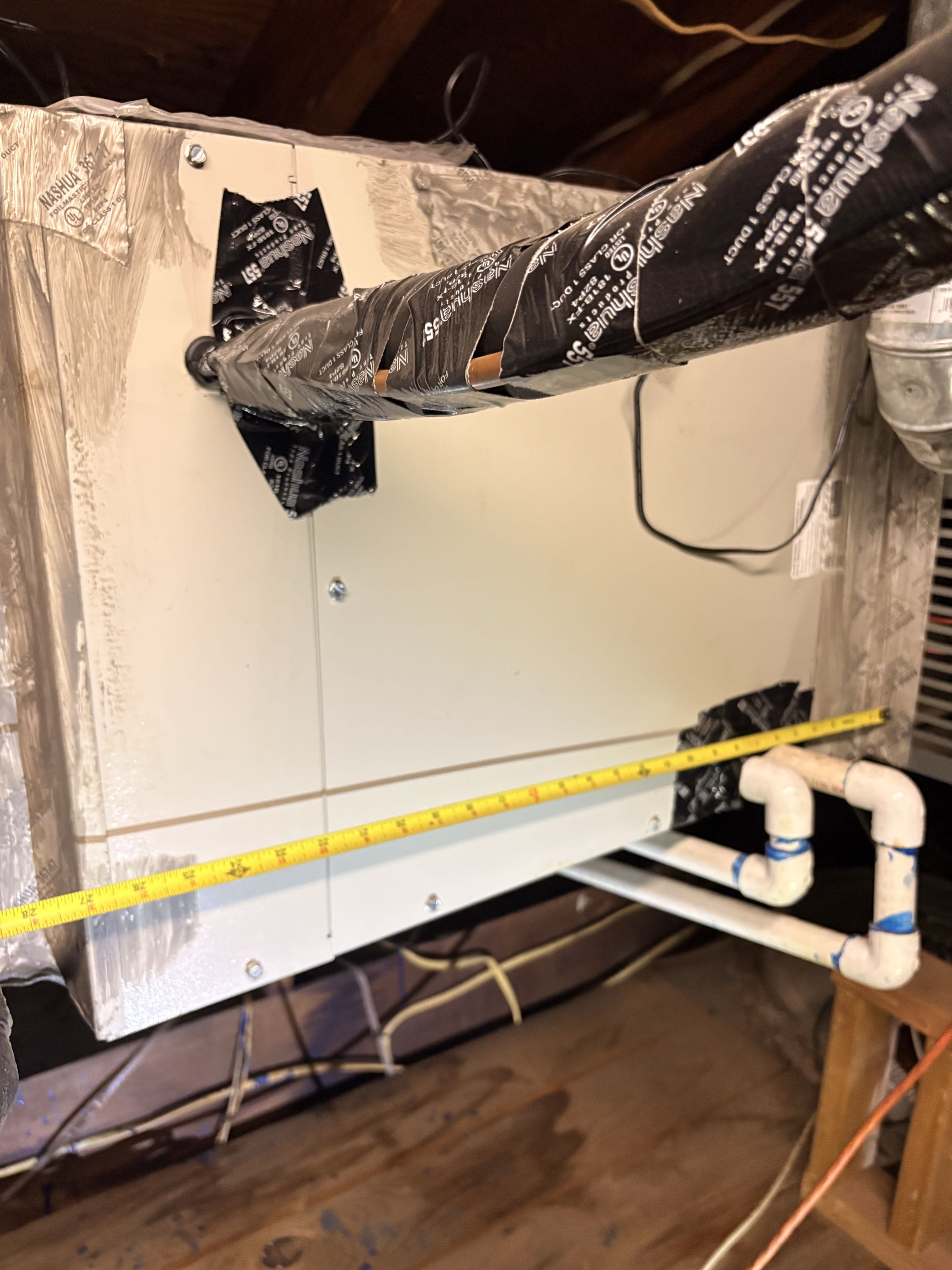 Emergence call ceiling falling off wet dry wall. Rheem suplir system. Perform inspection Missing emergency drain pan, float switch, not level properly. 