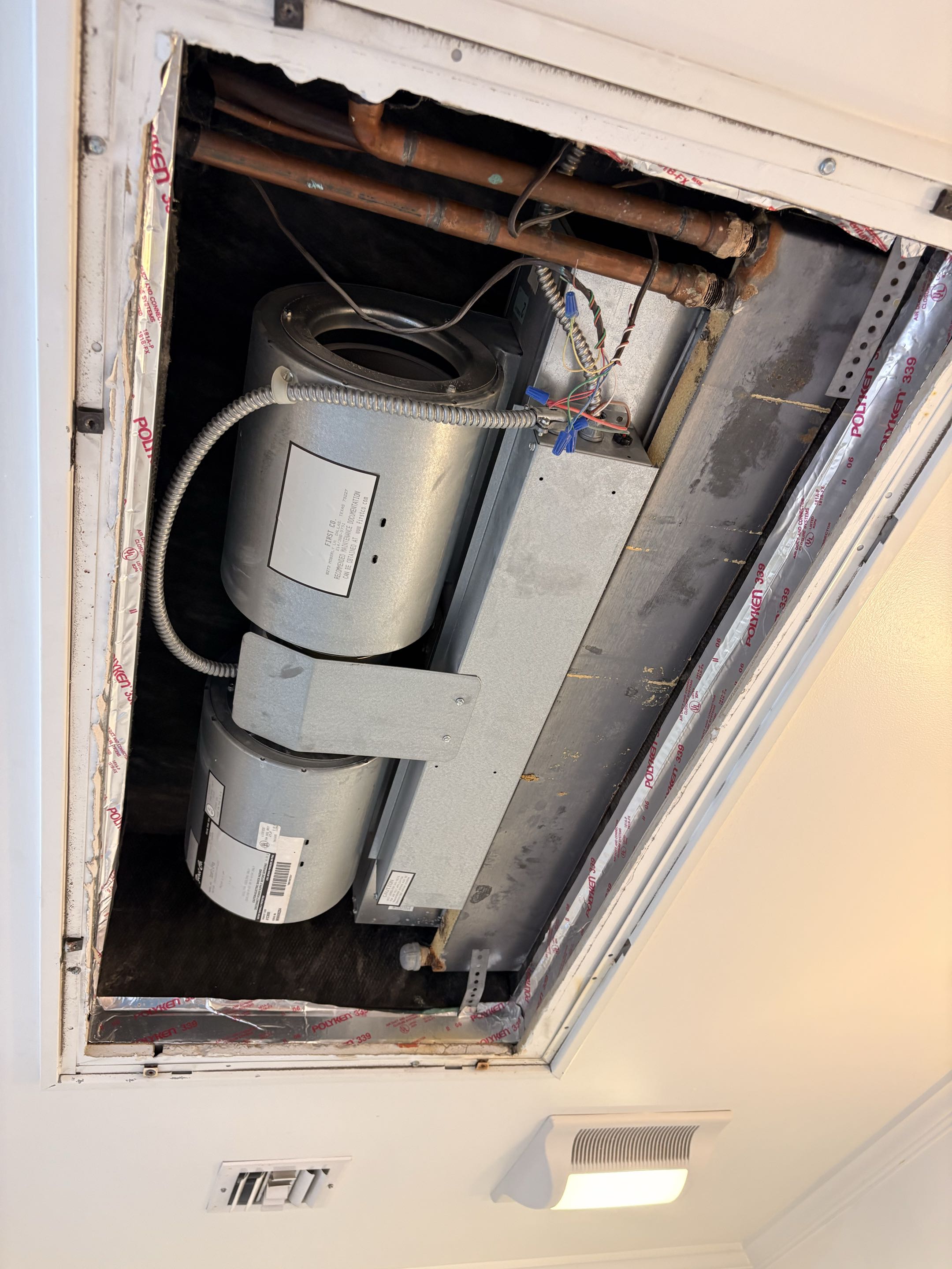 Service call. Water dripping. First Co. Air Handler. Perform cleaning revive adjustment 