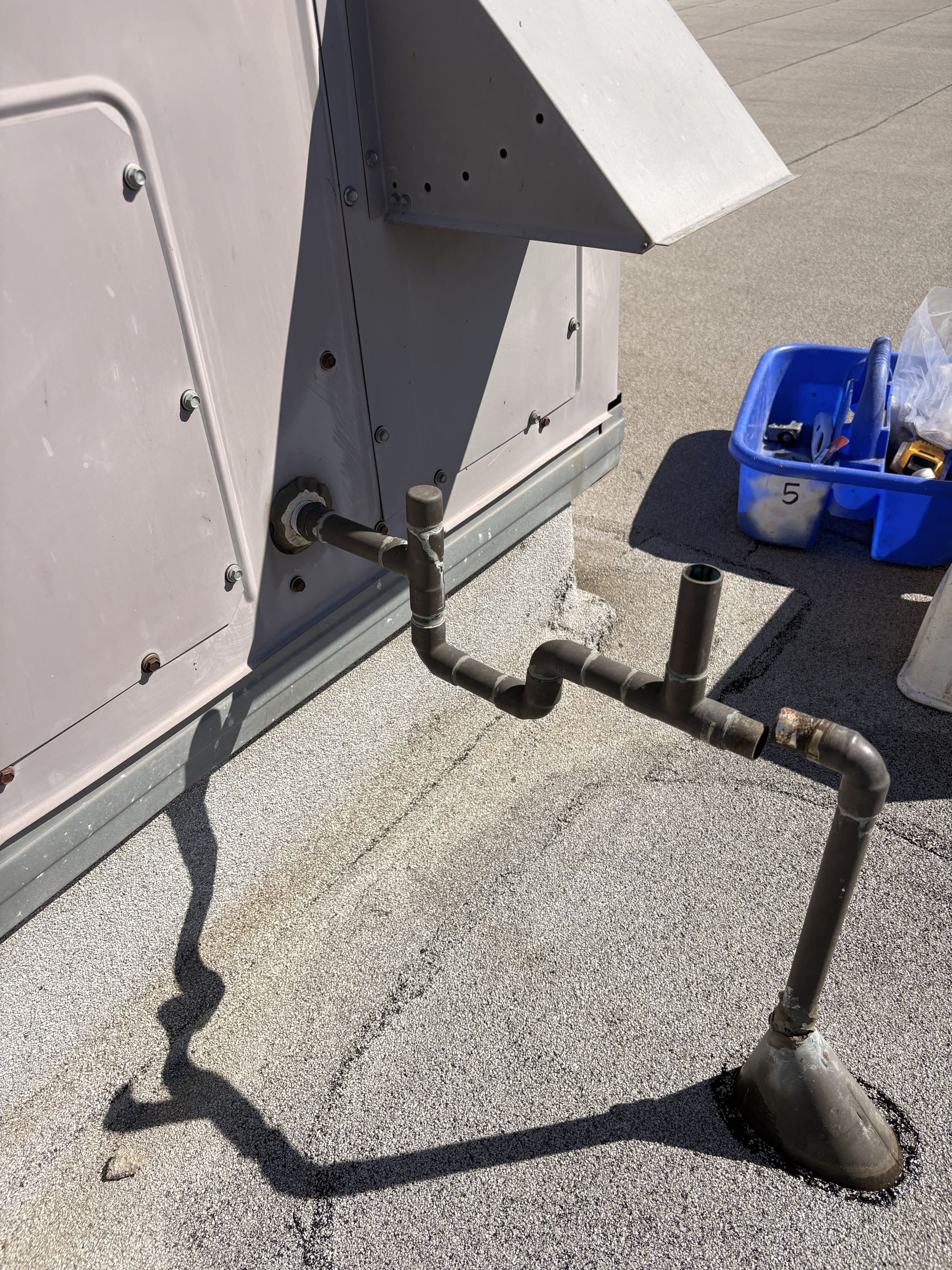 Commercial. Carrier. Water dripping thru ceiling. Perform service correct condensation lines. 