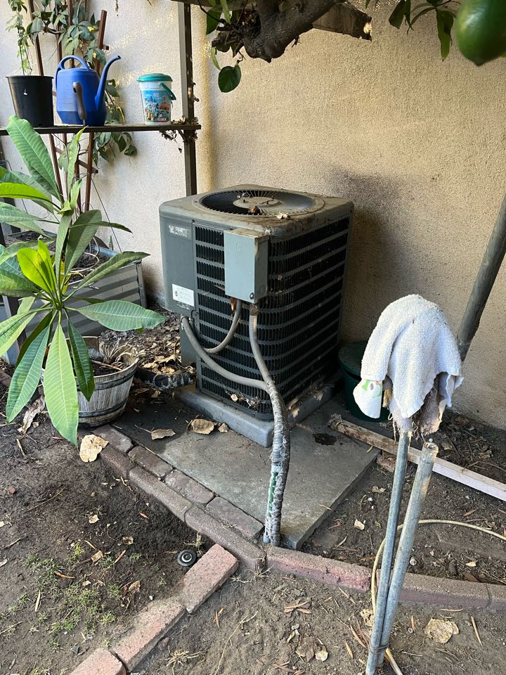 Changing out this gas split system and installing a Mitsubishi heat pump split system with all new ducting and re locating the condenser  here in Monrovia 