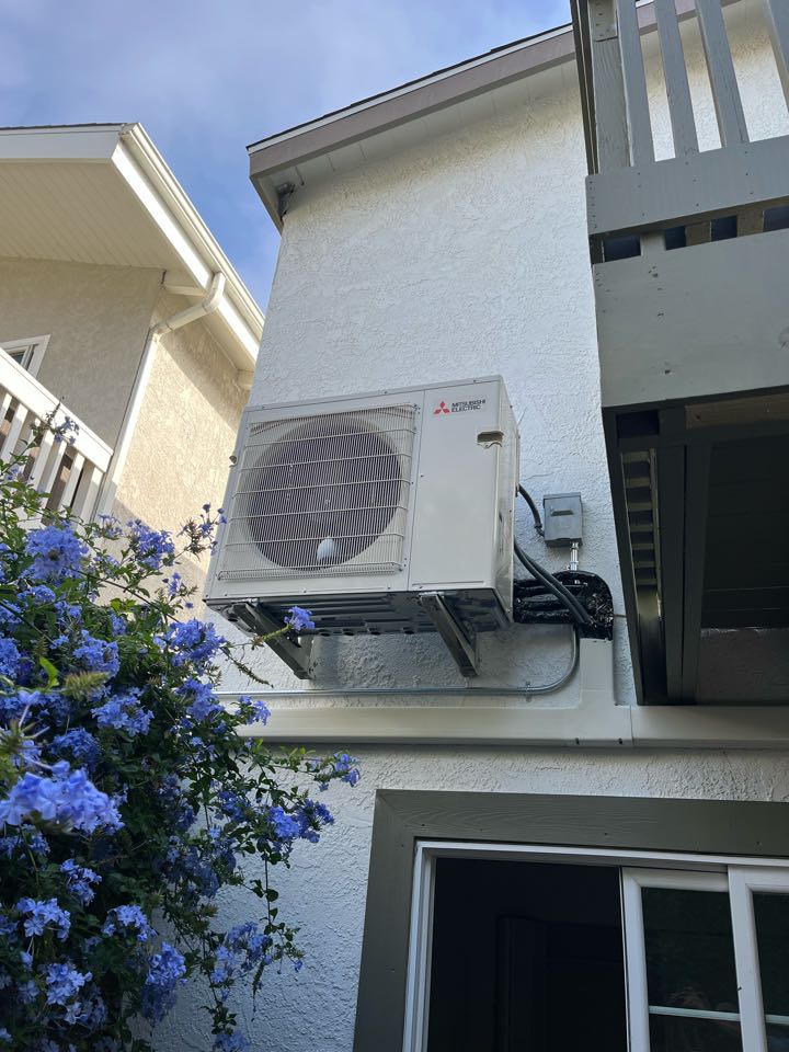 Another Mitsubishi 3 zone ductless installation complete with the condenser fan stalled on a factory wall bracket here in Redondo Beach 