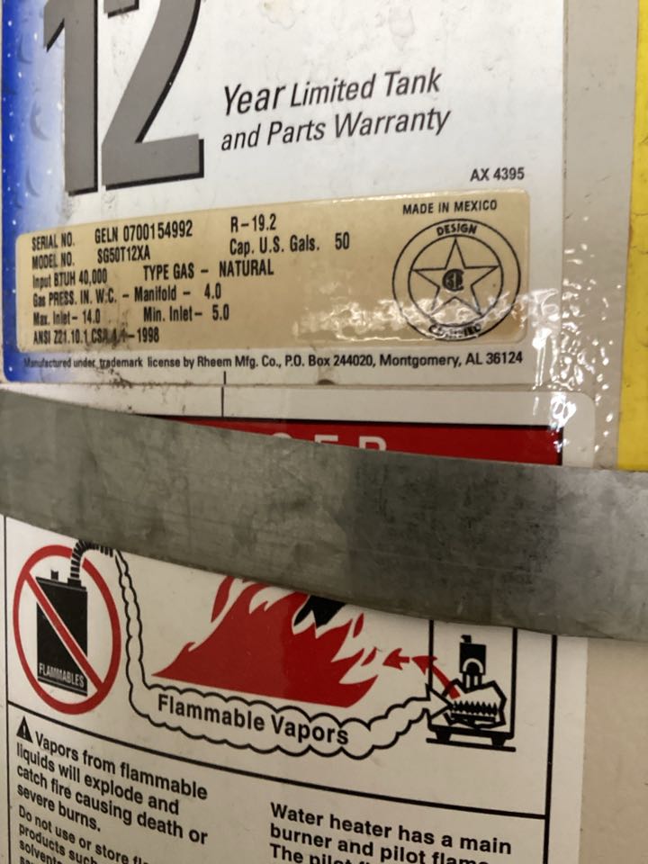 Install 50 gallon water heater in La Puente, California for a single family two bathroom house