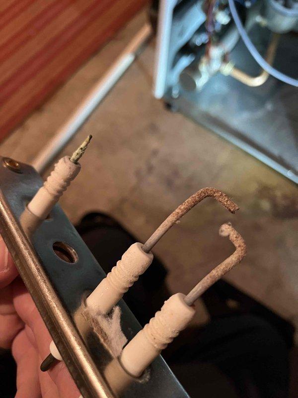 Completed annual preventive maintenance on boiler per prepaid agreement. Inspection revealed electrode assembly with significant deterioration and corrosion on the metal components. Electrode assembly was replaced with stock from service vehicle to restore proper system operation.