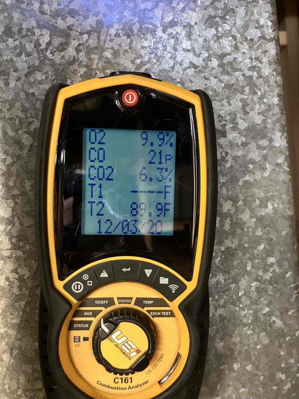 Performed annual furnace maintenance service using promotional coupon. Conducted combustion analysis with C161 analyzer, confirming proper O₂ (9.9%), CO (21ppm), and CO₂ (6.7%) levels. Inspected blower wheel assembly and completed comprehensive duct cleaning. Furnace operational parameters verified to be within manufacturer specifications.