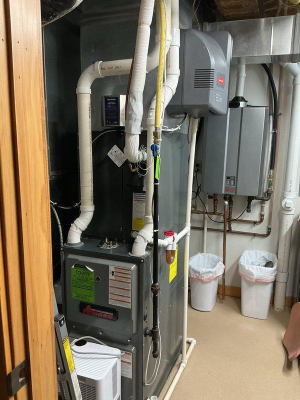 Performed annual maintenance on 6-year-old furnace system. Conducted thorough inspection of the heating equipment and associated tankless water heaters. Replaced air filter as part of preventative maintenance service.