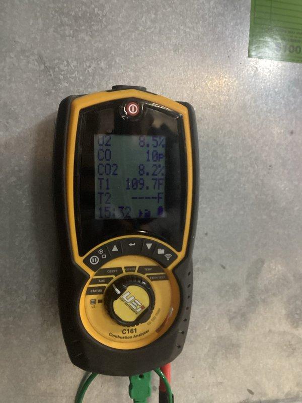 Completed manufacturer warranty replacement of defective furnace with new unit. Post-installation combustion analysis was performed using UEi C161 Combustion Analyzer to verify proper operation, with readings showing normal combustion parameters (O2: 7.9-8.5%, CO: 10-17 PPM, CO2: 8.2-8.6%) for the propane system.