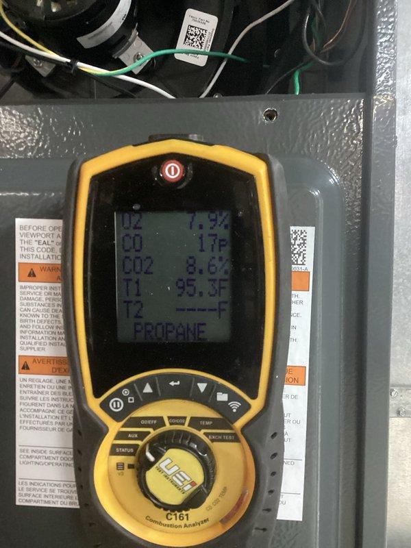 Completed manufacturer warranty replacement of defective furnace with new unit. Post-installation combustion analysis was performed using UEi C161 Combustion Analyzer to verify proper operation, with readings showing normal combustion parameters (O2: 7.9-8.5%, CO: 10-17 PPM, CO2: 8.2-8.6%) for the propane system.