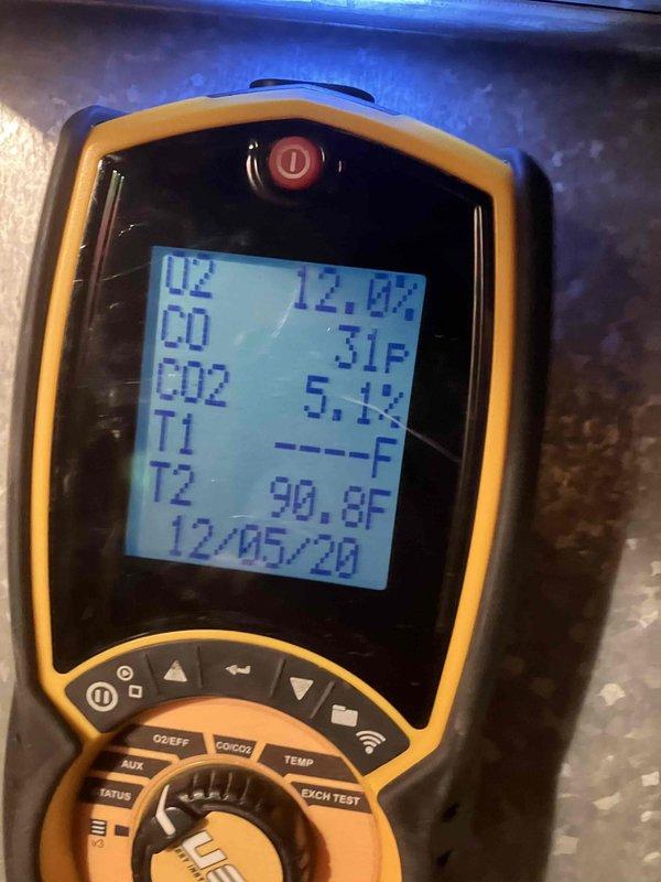 Performed annual furnace inspection on 19+ year old unit. Diagnostic testing showed combustion analysis readings of O2 at 12.0%, CO at 31 PPM, and CO2 at 5.1%. Visual inspection of blower assembly revealed dust accumulation. Recommended replacement of burners and ignitor due to age and condition, with immediate preventive maintenance advised to ensure continued safe operation.