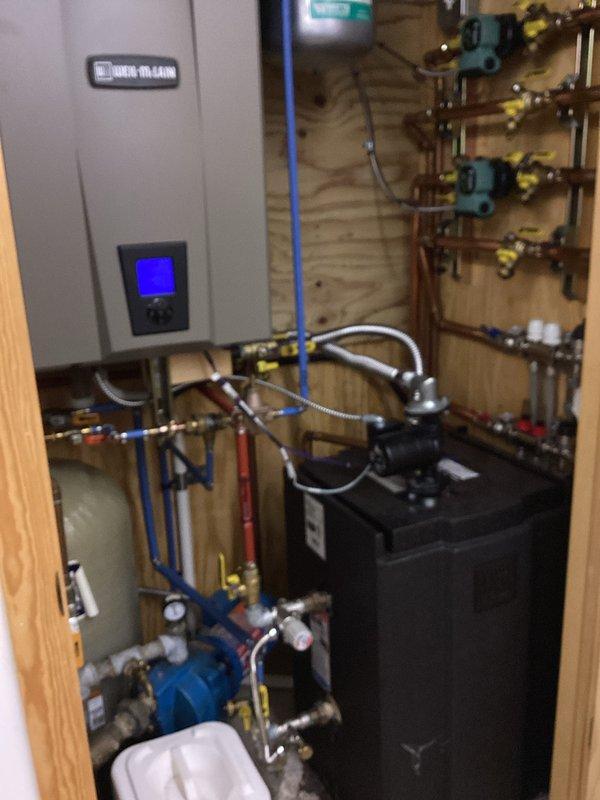 Responded to no heat call for a 6-9 year old radiant system. Diagnosed issue with domestic hot water function being disabled on boiler. Restored heating functionality by enabling DHW setting on the control panel. System now producing hot water for both heating and domestic use.