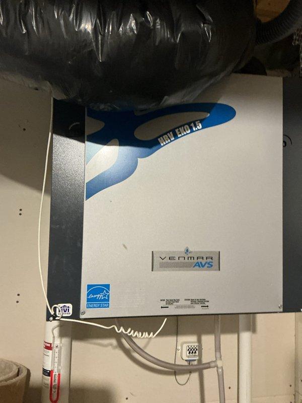 Completed replacement of HRV filters on Venmar AVS HRV EKO 1.5 unit as per approved estimate from Chues. System is now operational with new filters installed.