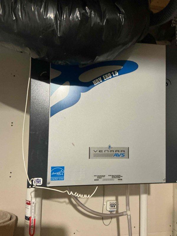 Completed replacement of HRV filters on Venmar AVS HRV EKO 1.5 unit as per approved estimate from Chues. System is now operational with new filters installed.