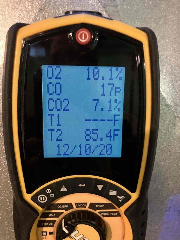 Performed annual tune-up on 3-year-old Rheem single-stage system. Conducted combustion analysis with readings of O2 at 10.1%, CO at 17ppm, and CO2 at 7.1% at 85.4°F operating temperature. Inspected blower assembly for proper operation; found system functioning within normal parameters with no issues requiring correction.