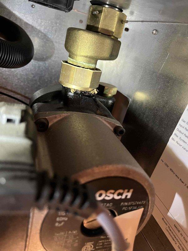 Performed annual prepaid maintenance inspection on boiler system. Identified and addressed seepage at internal circulation pump unions (Bosch unit). Customer was informed of repair options for a permanent fix.