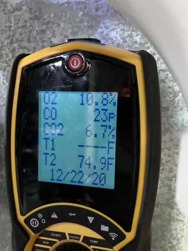 Performed scheduled preventative maintenance on gas furnace as part of prepaid annual service plan (1 of 2 jobs, with AC service to be completed spring 2026). Conducted combustion analysis with readings of 10.8% O2, 23ppm CO, 6.7% CO2, and supply temperature of 74.9°F. All systems operating within normal parameters.