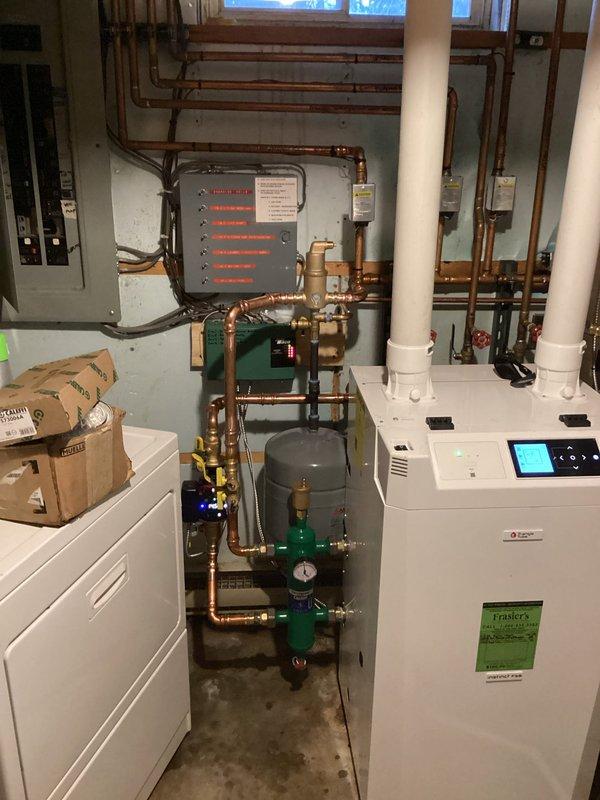 Responded to urgent service call regarding excessive noise from recently installed boiler system. Diagnosed that return and supply lines were incorrectly connected during initial installation, causing zone valves to slam shut and creating loud banging sounds that customer described as "pipes going to explode." Corrected the issue by properly repiping the boiler connections, resolving the noise problem. System now operating normally with proper flow configuration.
