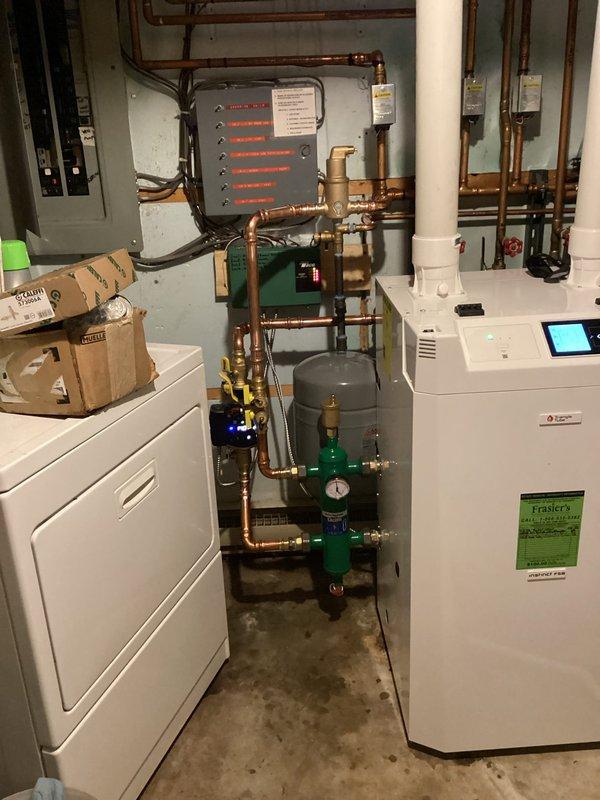 Responded to urgent service call regarding excessive noise from recently installed boiler system. Diagnosed that return and supply lines were incorrectly connected during initial installation, causing zone valves to slam shut and creating loud banging sounds that customer described as "pipes going to explode." Corrected the issue by properly repiping the boiler connections, resolving the noise problem. System now operating normally with proper flow configuration.