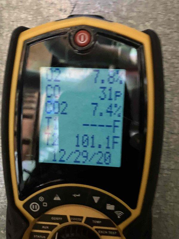 Completed annual prepaid maintenance on furnace system. Conducted full inspection of blower wheel assembly for proper operation. Performed combustion analysis with readings of CO 31F, CO2 7.4%, and temperature 101.1F, confirming system is operating within normal parameters. No issues requiring repairs identified at this time.