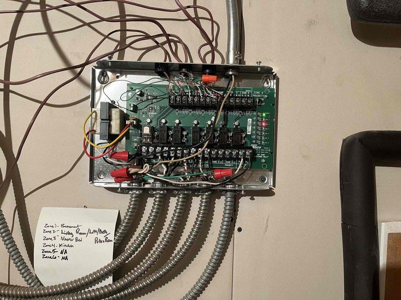 Returned to install customer supplied actuators and Mr Pex zone valves. Troubleshooted zone control system with focus on valve operation issues. Replaced three older Nest thermostats with newer models to resolve voltage drop problems that were preventing proper valve operation.