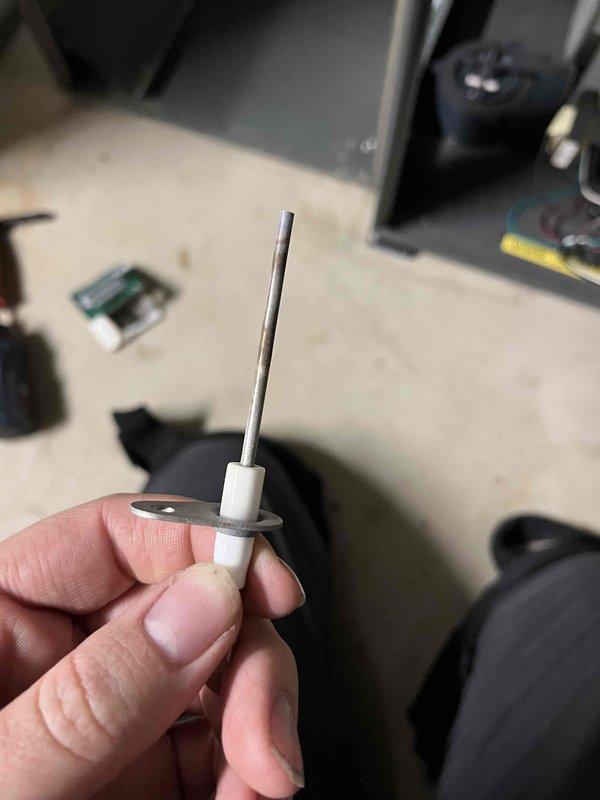 Performed annual prepaid maintenance service on furnace. Inspected system and identified flame sensor with multiple high resistance points. Removed and examined sensor electrode and burner components. Customer informed of findings and provided option for replacement estimate.