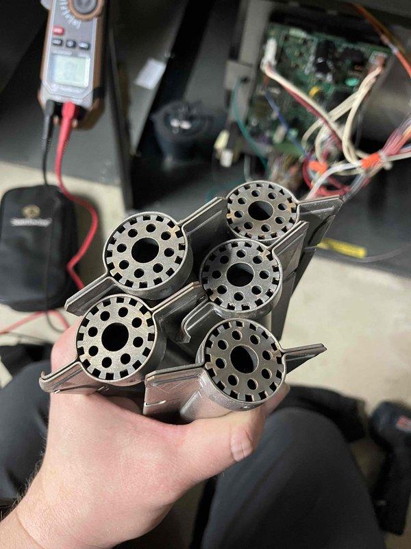 Performed annual prepaid maintenance service on furnace. Inspected system and identified flame sensor with multiple high resistance points. Removed and examined sensor electrode and burner components. Customer informed of findings and provided option for replacement estimate.