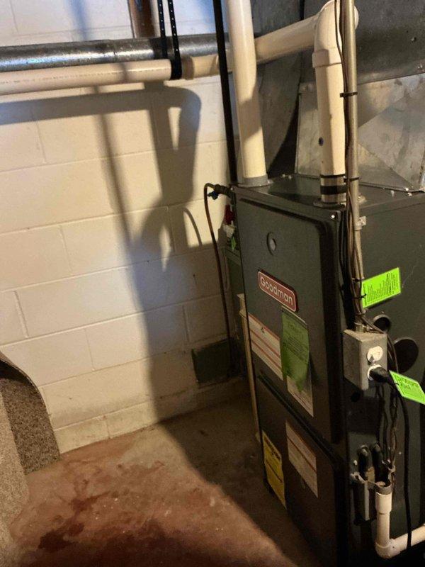 Performed prepaid annual maintenance on Goodman furnace in basement utility area. System operating normally at time of inspection. Customer requires 5" Airbear Pop Up Filter replacement (size to be confirmed). Client prefers future communications via landline phone number, and next annual maintenance should be scheduled after December 10th.