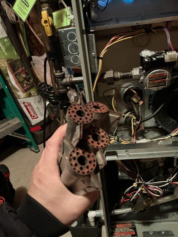 Completed replacement of deteriorated burners and flame sensor in customer's furnace as per sold repair estimate. Observed significant corrosion on the original burner assemblies which were removed and replaced with new components. System was tested after installation with proper flame pattern and operation confirmed.