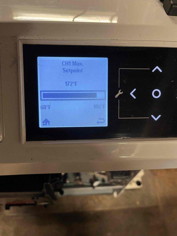Responded to callback for boiler failing to maintain setpoint temperature. Diagnosed system struggling to keep up with heating demand during cold weather. Increased return pump speed to high setting, adjusted CH water temperature from 172°F to 180°F, and recommended opening basement zone registers to improve heat distribution throughout home.